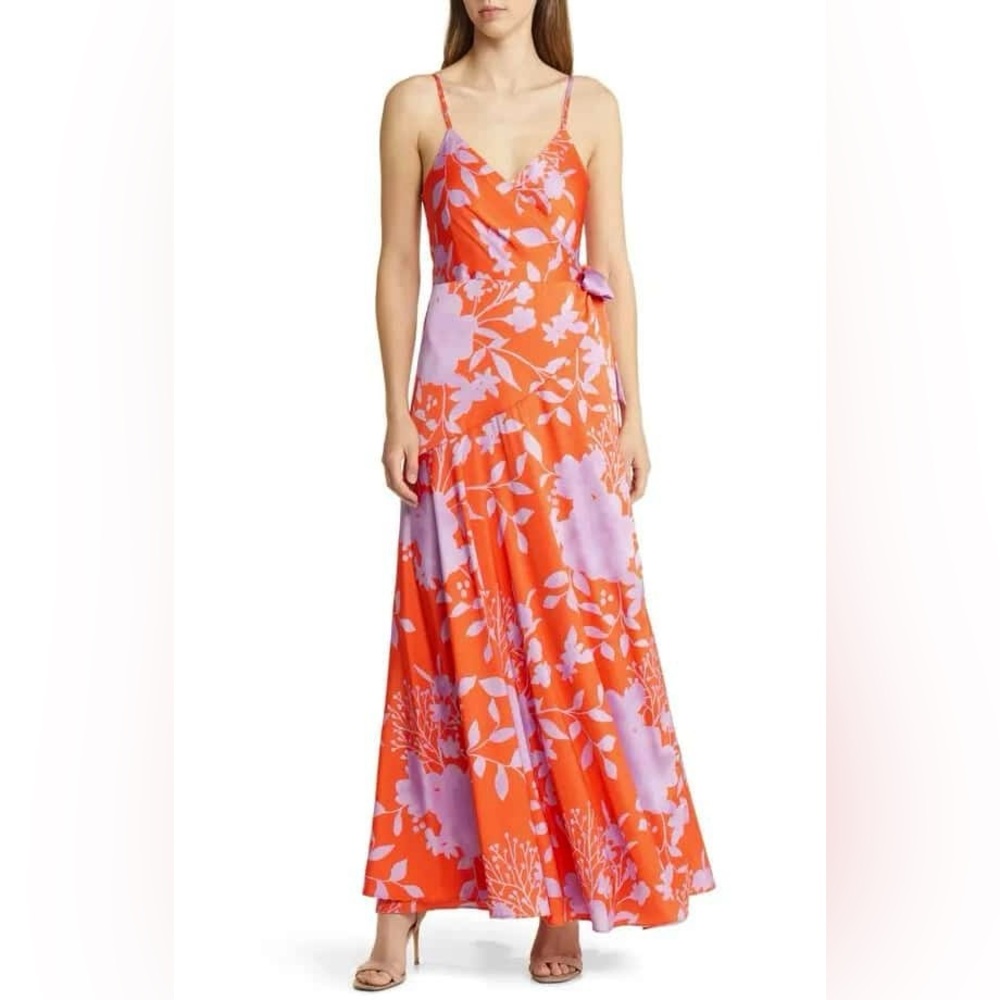 Hutch Alden Orange Floral Satin Maxi Dress
